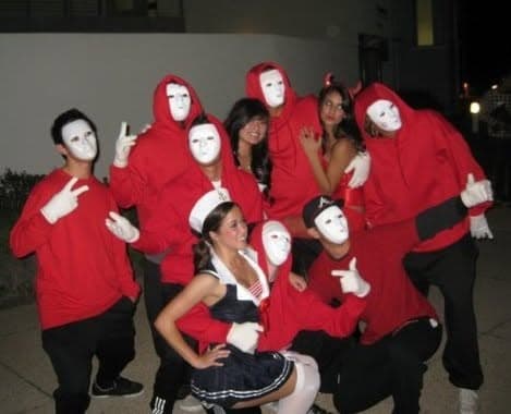 The crew in red hoodies and white masks, Halloween in Isla Vista